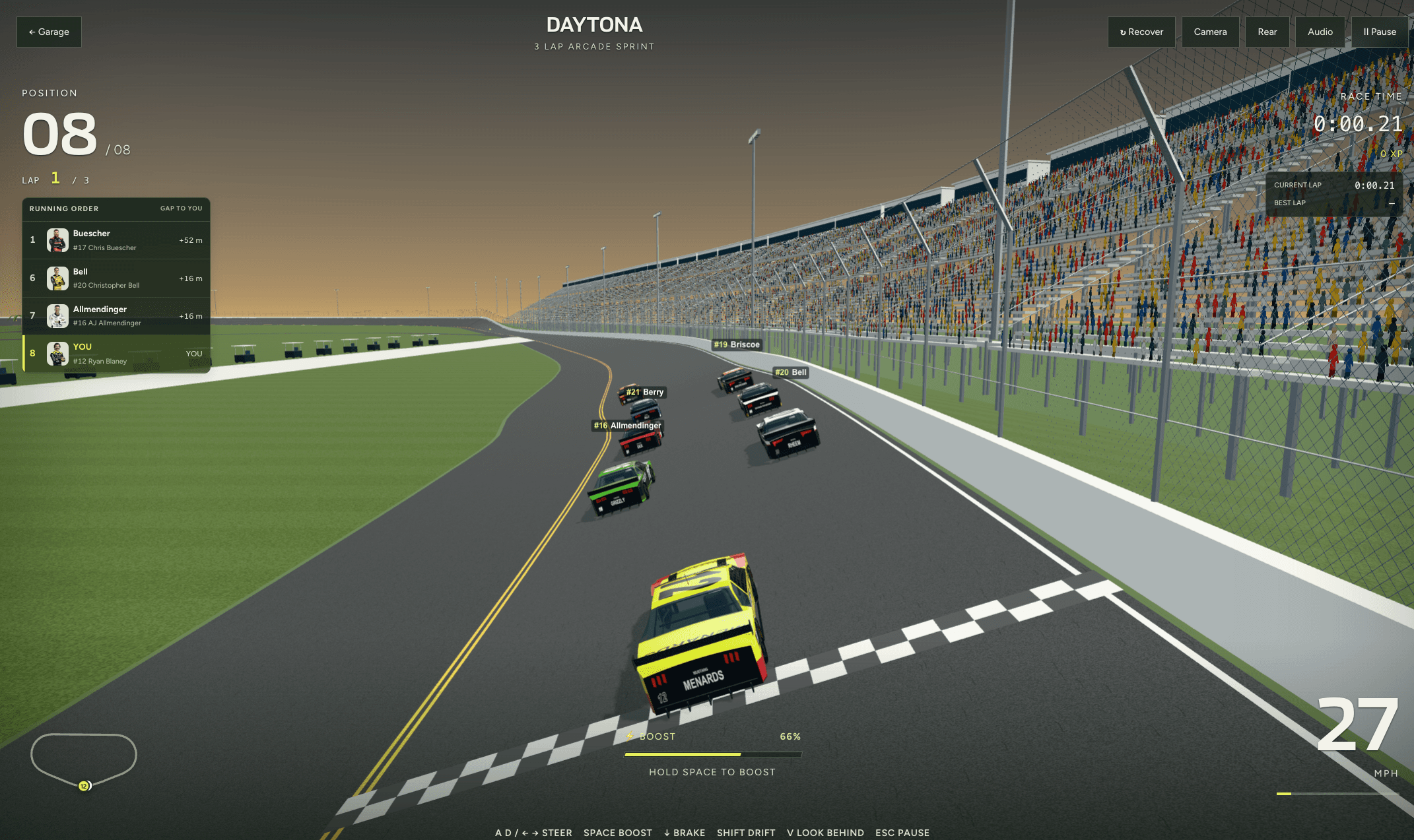 Ignition Daytona race with the full field ahead, grandstands, race timing and boost controls