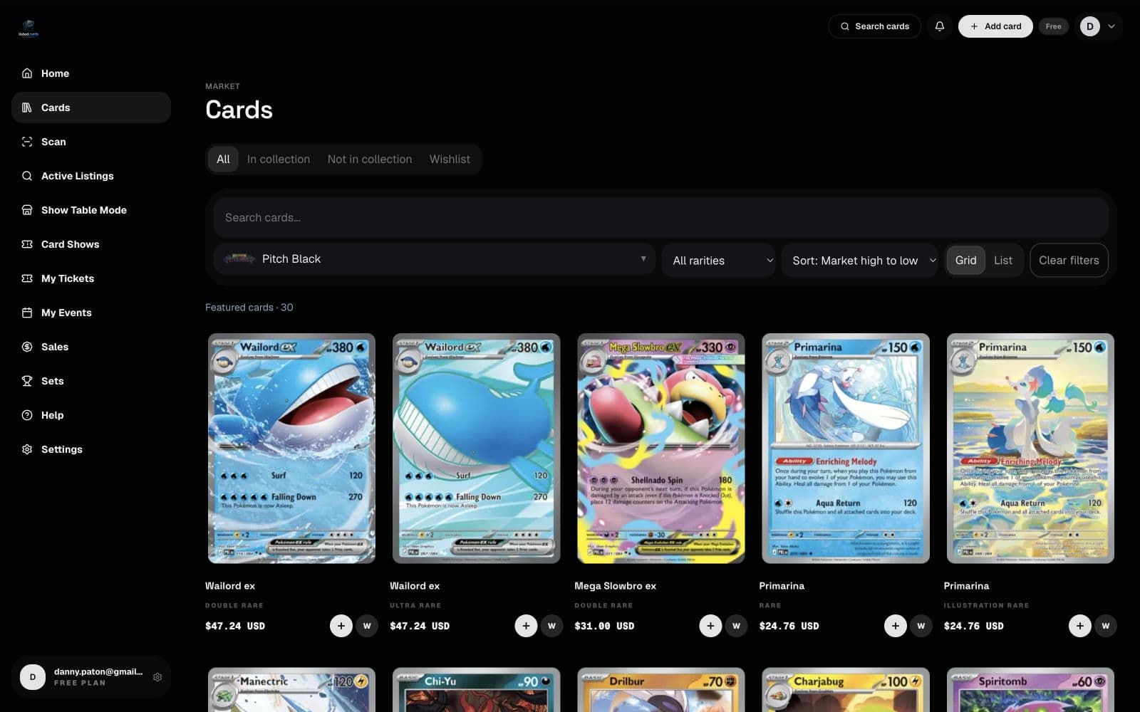 listed.cards Cards page with Pitch Black cards, set and rarity filters, and market prices